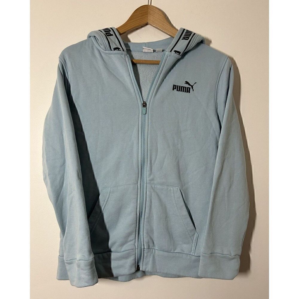 PUMA Womens Light Blue Hooded Zip Up Sweatshirt Pockets Large